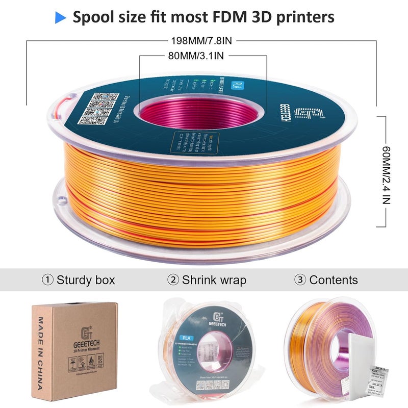 Geeetech Silk PLA Tri Color Filament 1.75mm 3D Printer Filament, Coextrusion Red Gold Purple Tri-Colors Metal-Like Shiny Silk PLA Filament, 1kg (2.2lbs) 1 Spool, Dimensional Accuracy +/- 0.02 mm - Image 4